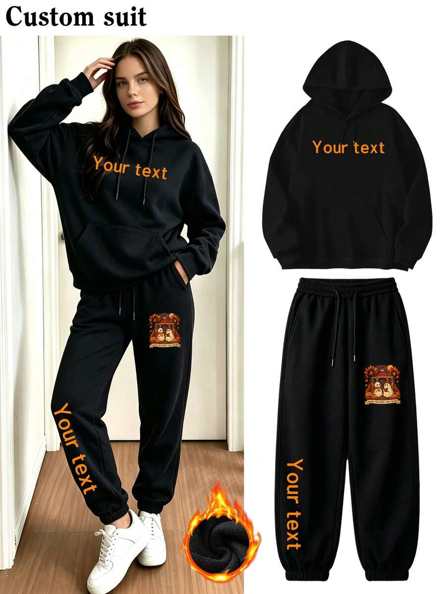 Customized Personalized Autumn/Winter Women's Hooded Sweatshirt & Joggers Set 2 Pieces - Upload Text/Name/Number/Anniversary Date, Add Your Own Photos (Family Photo/Selfie/Pet Photo/Text Image/Logo) To Design Your Personalized Outfit, Personalized Set, Customized Unique Women's Sportswear - Black - View 1
