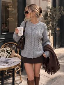 Women Fall Winter Gray Cable Knit Cardigan, Crew Neck Long Sleeve Front Button Sweater, Casual Loose Coat, Daily Going Out Back To School Outfit - Grey - View 5