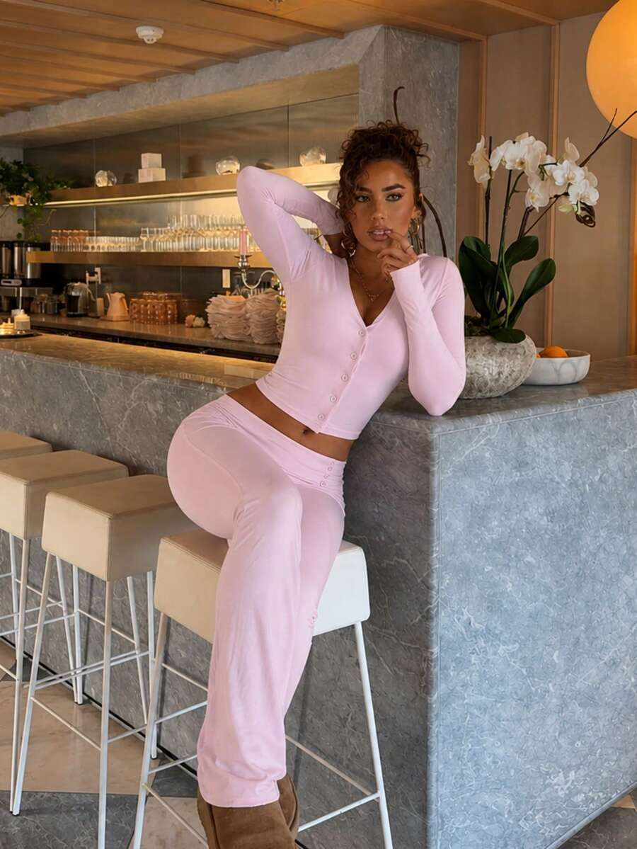 Casual Round Neck Button Long Sleeve Cinched Waist Pants Set - Pink - View 1