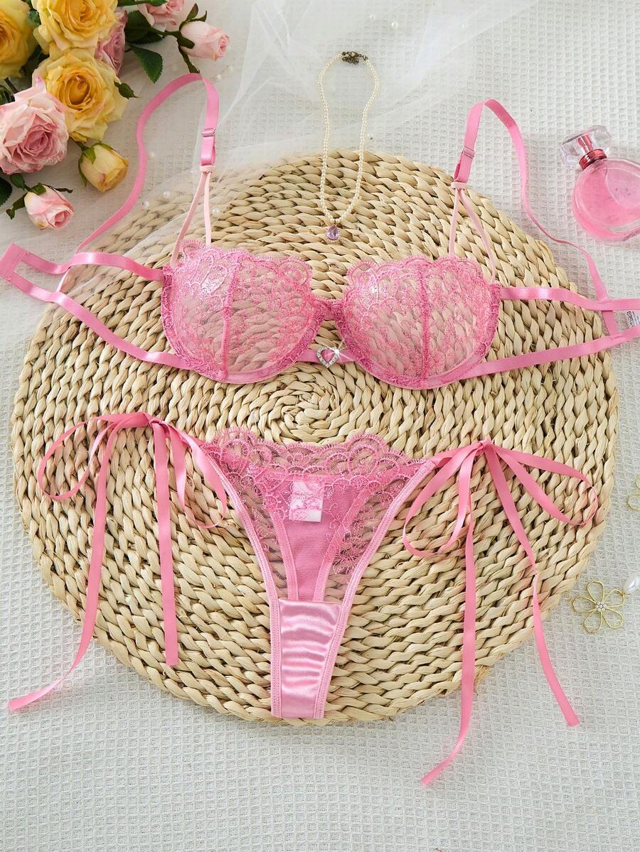 2件組女款刺繡內衣套裝,半透心形胸罩與蝴蝶結內褲,性感睡衣,女款秋季服飾 - 粉色 - 查看 1