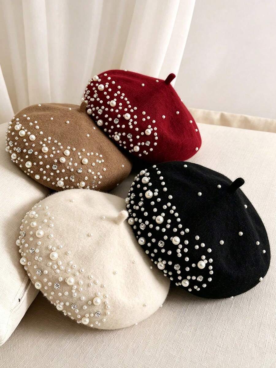1pc Fashion Classic Warm Solid Color Beret Hat, Simple Painter Hat - White - View 1