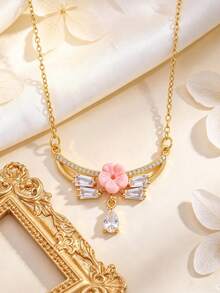Women Flower Arc Pendant Necklace, Gold Silver Plated Colorful Floral Baguette Zirconia Teardrop Charm Necklace, Elegant Daily Party Jewelry Gift - Multicolor - View 7