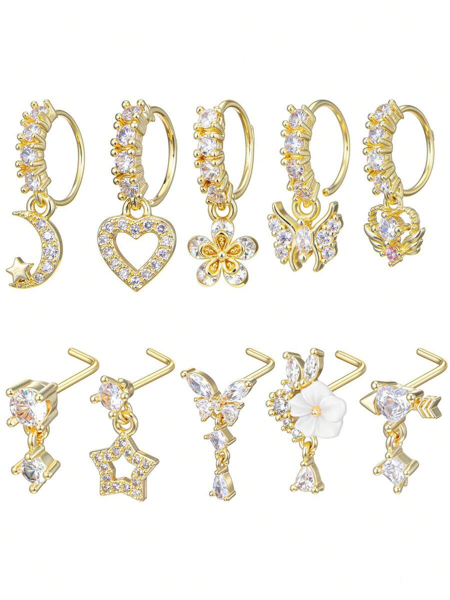 10pcs/Pack 20g Women's Pendant Nose Rings L-Shaped Nose Studs, Copper Zirconia Flower Star Butterfly Heart Designs, Nose Piercing Jewelry - Gold - View 1
