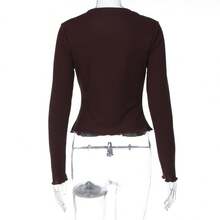 Fashionable Cardigan Button-Up Top Slim Fit Long Sleeve Scalloped Hem T-Shirt For Women - Brown - View 6