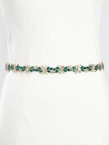 1pc Elegant Emerald Green Rhinestone Hair Vine Crystal Bridal Headband Wedding Sash Belt With Ribbon Prom Accessory - Multicolor - View 2