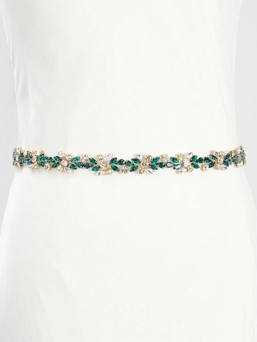 1pc Elegant Emerald Green Rhinestone Hair Vine Crystal Bridal Headband Wedding Sash Belt With Ribbon Prom Accessory