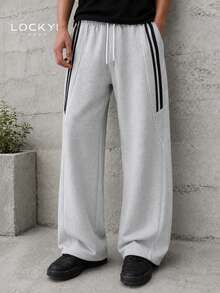 1pc Men's Spring/Autumn American Minimalist Street Sports Style Striped Structured Wide Leg Casual Long Pants - Light Grey - View 3