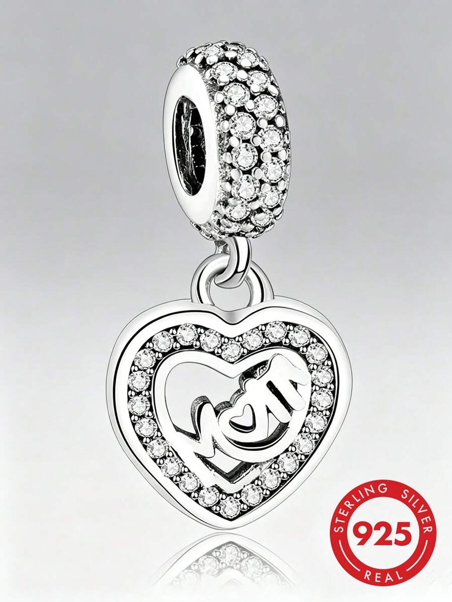 1pc S925 Sterling Silver Double Layer Heart MOM Pendant Bead, Heart-Shaped Frame Fully Pave White Zirconia, Mother's Day Gift DIY Snake Chain Bracelet Silver Charm - Silver - View 1