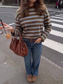 GLAMSKIN Women's Autumn Basic Striped Long Sleeve T-Shirt, Round Neck Drop Shoulder Loose Crop Top, Casual Lazy Style, Back To School Daily Outfit - Brown - View 11
