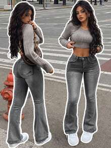 Women's Vacation Style Casual Ins Washed Frayed Skinny Flare Jeans Spring Fall - Grey - View 1