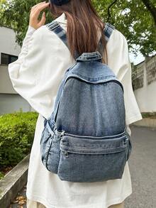 1pc Vintage Men's Backpack, Fashion Solid Color, Adjustable Shoulder Straps, Zipper Closure, Astronaut Pendant, Casual Retro Daily Commute, Large Capacity, Lightweight, Washed Canvas, College Style, Peach Tree - Blue - View 3
