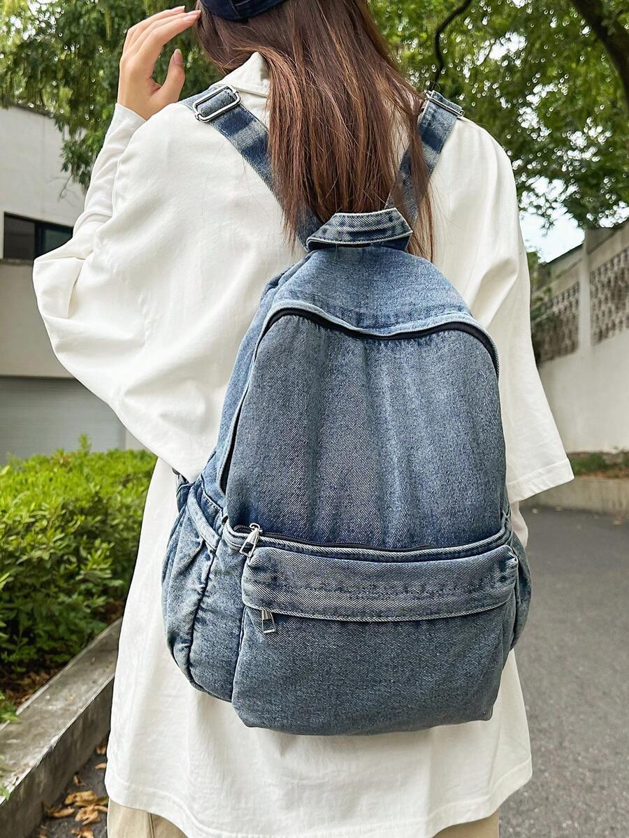 1pc Vintage Men's Backpack, Fashion Solid Color, Adjustable Shoulder Straps, Zipper Closure, Astronaut Pendant, Casual Retro Daily Commute, Large Capacity, Lightweight, Washed Canvas, College Style, Peach Tree - Blue - View 1