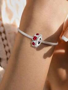 1 buah Liontin Manik-manik Lingkaran Ganda Hati Merah Zirkonia, Cocok untuk Perhiasan Gelang Wanita DIY - Perak - View 3
