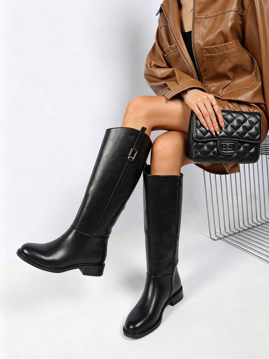 Women's Faux Leather Knee High Riding Boots, Round Toe Low Block Heel Buckle Detail Side Zip Casual Fall Winter Boots - Black - View 1