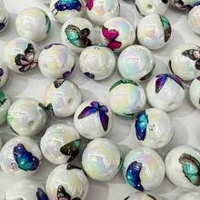 10pcs 16mm Acrylic Colorful Printed Butterfly Straight Hole Round Beads, UV Coated - Multi-Color Mixed Pack, Suitable For DIY Jewelry Making, Bracelets, Friendship Gifts, Keychains And Pen Decorations - Random Color Mixing - View 10