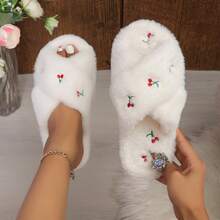Cute Cherry Embroidered Cross Strap Fuzzy Slippers, Soft And Skin-Friendly, Versatile Women's Slippers For Home, Bedroom, Daily Wear And Outings - White - View 1