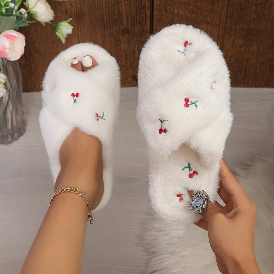 Cute Cherry Embroidered Cross Strap Fuzzy Slippers, Soft And Skin-Friendly, Versatile Women's Slippers For Home, Bedroom, Daily Wear And Outings - White - View 1