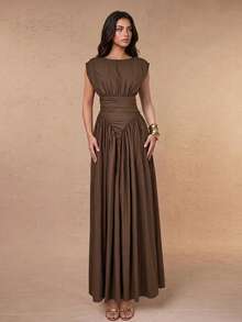 Elegante y Chic Vestido Maxi Línea A con Manga Corta, Fruncido y Cintura Retorcida en Color Marrón para Vacaciones, Fin de Semana, Citas, Fiestas, Otoño y Salidas - Marrón - Ver 6