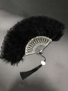 Retro Faux Feather Foldable Hand Fan, Classic Women Costume Accessory For Dance Performance,Wedding Decoration, Halloween Party And Music Festival - Multicolor - View 5