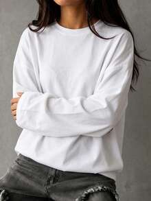 Women's Pure White Long Sleeve T-Shirt, Round Neck Drop Shoulder Loose Fit Basic Casual Long Sleeve Top, Suitable For Daily Wear - White - View 2
