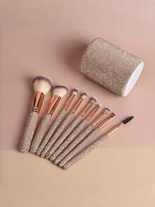 9pcs Makeup Brush Set With Foundation, Contour, Eyeshadow, Eyebrow Brushes And Storage Cup, Suitable For Travel, Date, Party, Photography, Daily Makeup, Soft Handle And Bristles, Portable Makeup Set, Shiny Makeup Essentials - Multicolor - View 2
