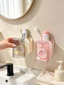 1PC/5PCS Punch-Free Wall Mount Toothbrush Storage Holder, Transparent Detachable Mouthwash Cup Included, Cartoon Print Bathroom Tooth Gear Organizer, Multifunctional Washroom Rack For Toothpaste & Toothbrush, Sweet Household Bathroom Storage Decor - Multicolor - View 3