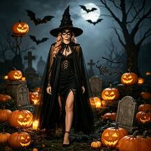 Halloween Dark Witch Costume Set Including Hooded Mesh Cape, Ruffled Witch Hat, Lace Mask, Suitable For Halloween, Carnival Party, Stage Role Play, Fashion Dress-Up Outfit - Black - View 4