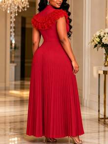 AOMEI Elegante Vestido Maxi Rojo Plisado para Mujer con Cuello Alto, Volantes, Hombros de Malla, Cinturón con Hebilla de Strass, Vestido de Noche Formal para Invitada de Boda y Fiesta - Rojo - Ver 6