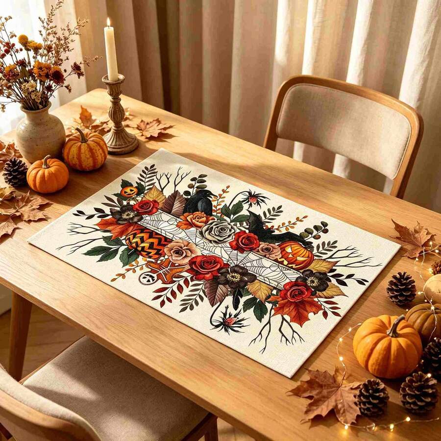 1/4/6pcs Halloween Series Floral Crow Pumpkin Spider Pattern Printed Placemats, Heat-Resistant Table Mat For Home Kitchen/Dining Table Protection, Party Scene Decoration