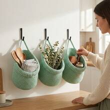 3PCS Hanging Woven Basket Set With 3 Sizes, Boho Cotton Rope Wall Hanging Storage Baskets, Decorative Space Saving Wall Organizer For Bathroom Bedroom Living Room - Khaki - View 8