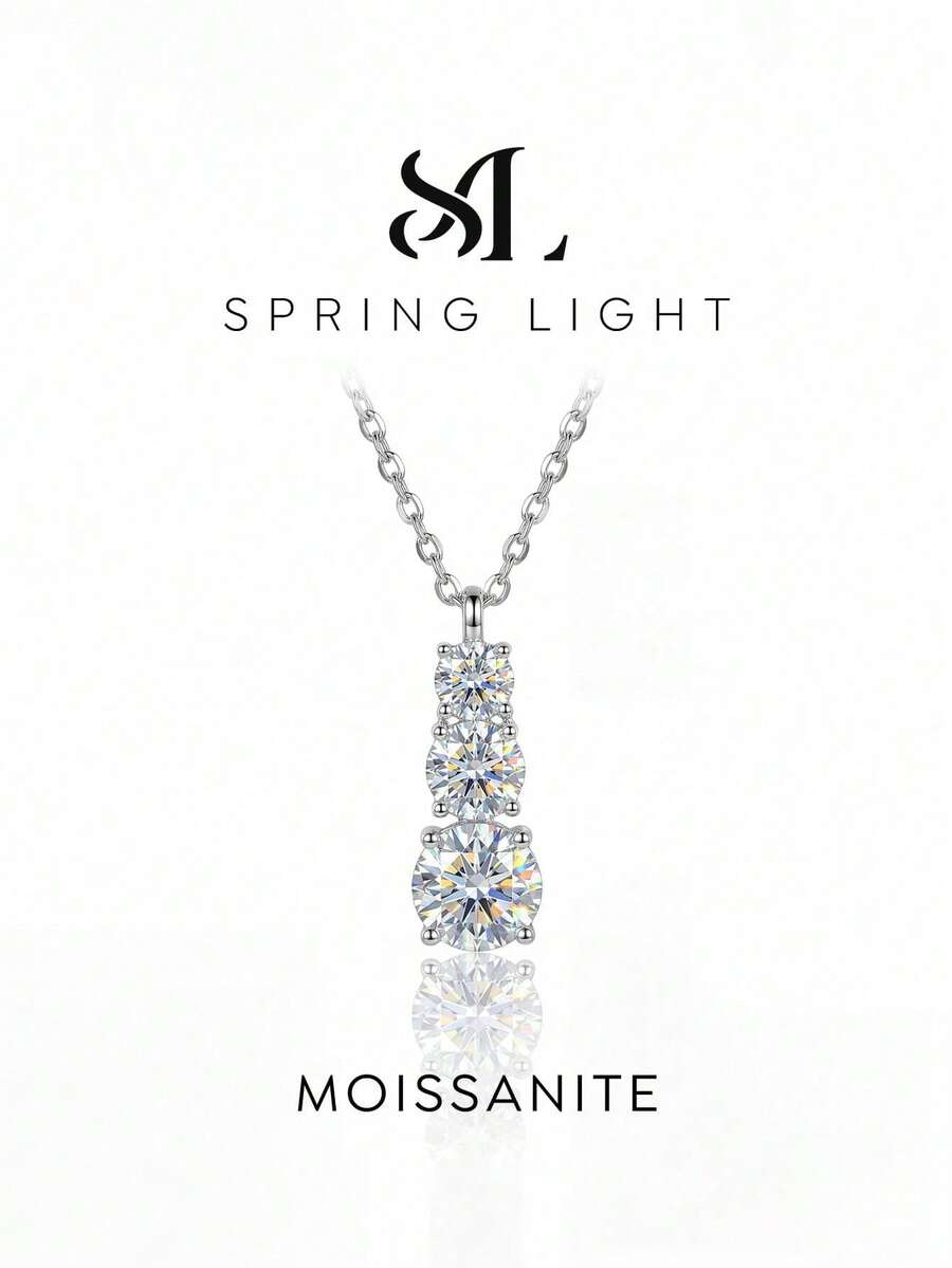 1pc 1 Carat Elegant 3-Diamond Moissanite Necklace, 925 Sterling Silver Pendant Necklace, Promise Necklace, Eternal Necklace, Luxury & Refined Women's Jewelry, Christmas Gift - Luxury Three-diamond Moissanite Necklace - View 1