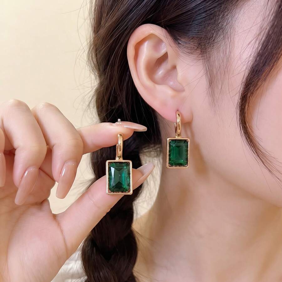 1 Pair Fashionable Vintage Luxury Multi-Color Sparkling Rectangular Rhinestone Dangle Earrings With Long Ear Backs, Elegant Jewelry - Earrings - View 1