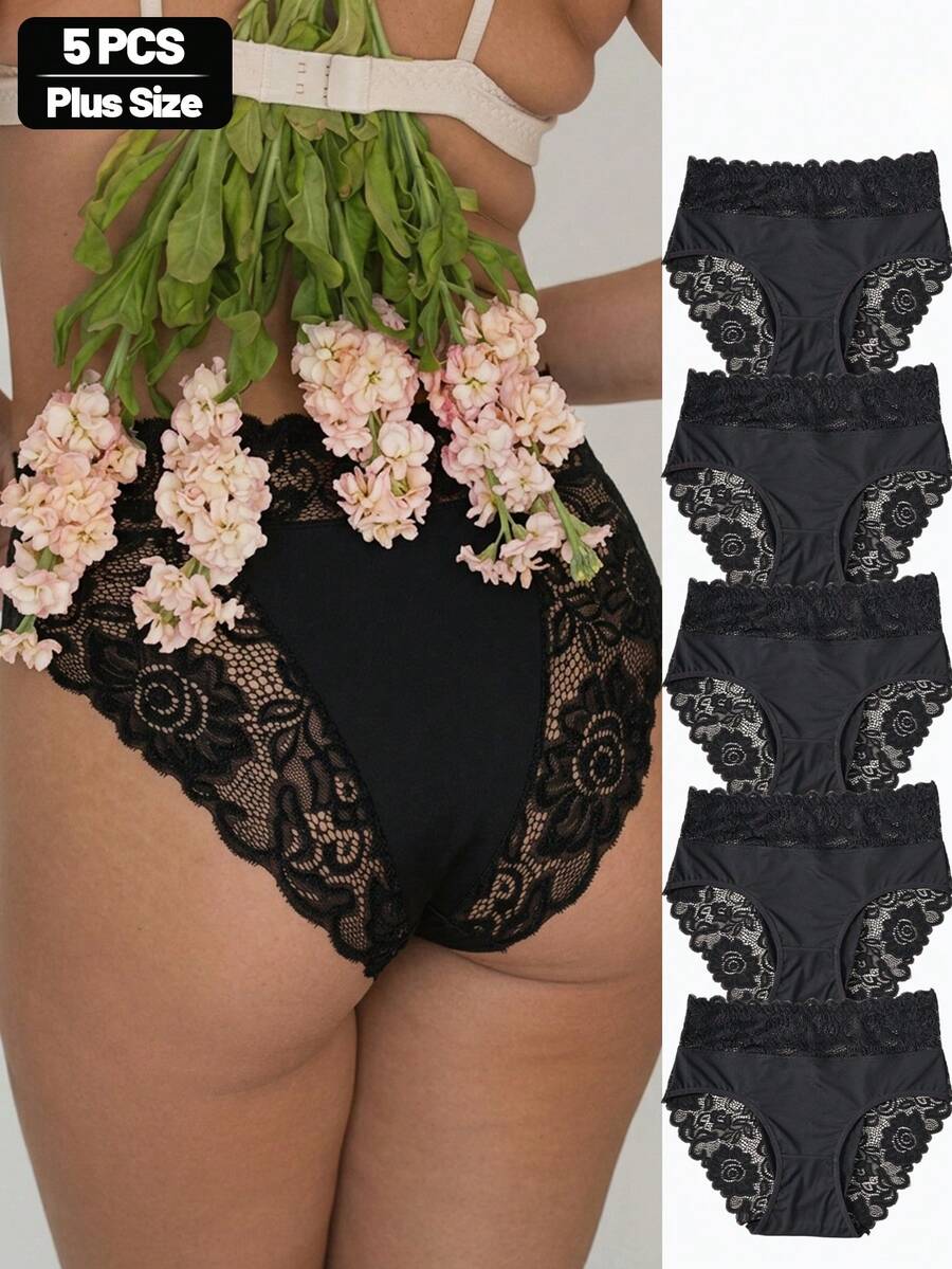 5pcs Plus Size High Waist Lace Trim Casual Panties, Medium Stretch, Women's Casual Underwear - Multicolor - View 1
