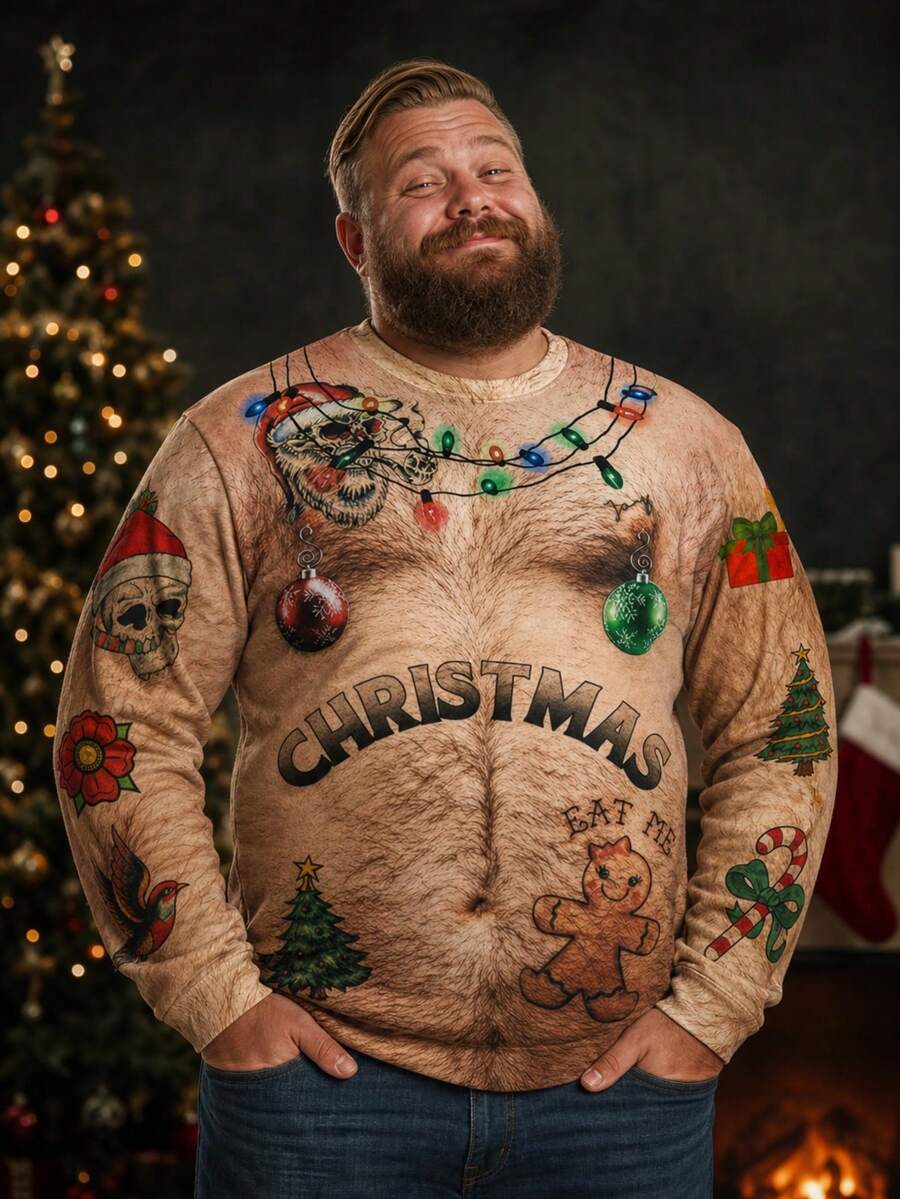 Plus Size Men's Christmas Gag Apparel, Men's Ugly Sweatshirt, Men's Crew Neck Sweatshirt, Men's Christmas Gift - Multicolor - View 1