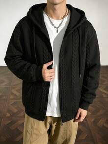 Men's Textured Jacquard Hooded Zip-Up Sweatshirt Jacket, Casual Long Sleeve Sweatshirt Top With Pockets - Black - View 4