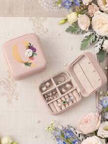 Letter PU Leather Portable Travel Jewelry Storage Box For Women, Stores Necklaces And Rings,Gift Ideas,Suitable For Home Storage And Commuting. - Flowers Letter 2 - View 58