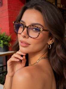 1pc Unisex Retro Fashion Square Frame Minimalist Metal Spring Hinge Versatile Clear Lens Glasses - Black - View 19