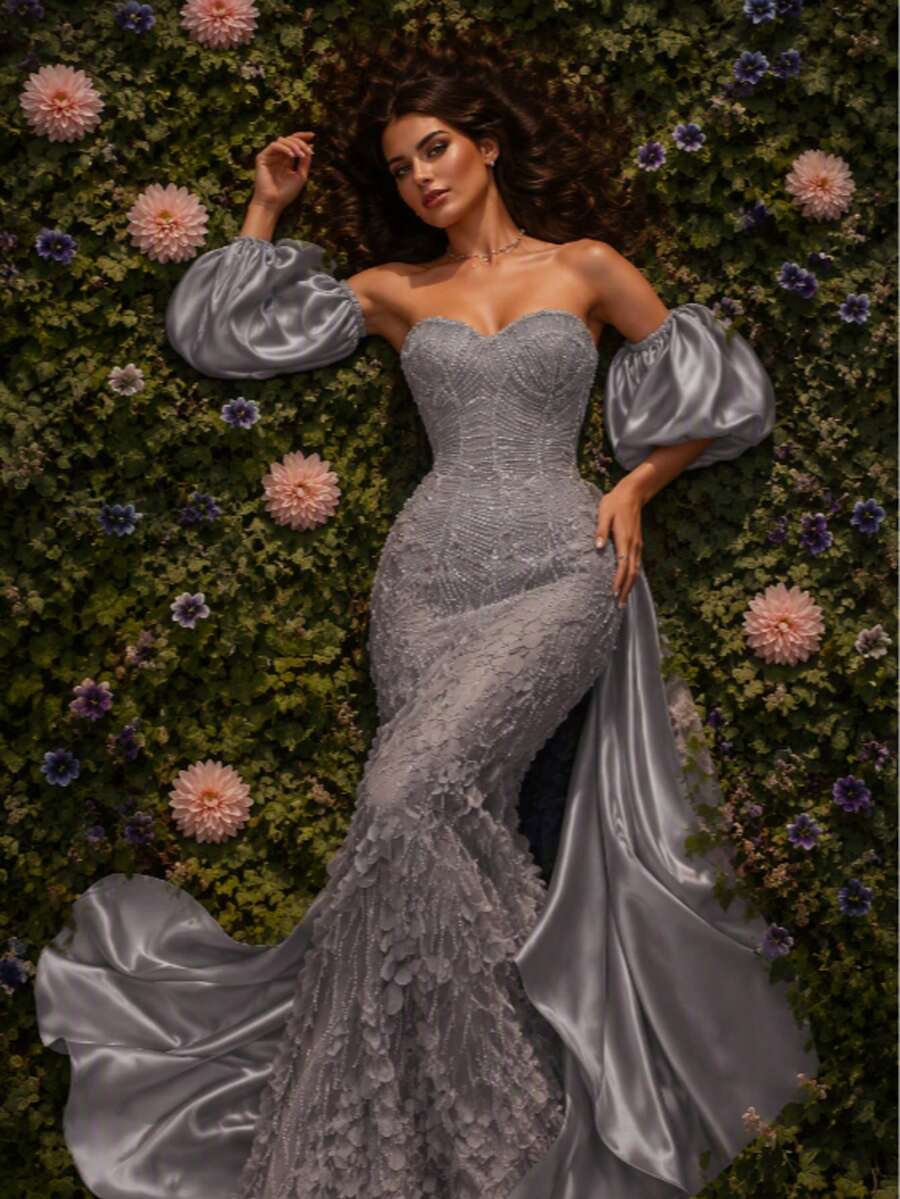 Olive Green 3D Petal Beaded Strapless Satin Mermaid Style Luxurious Palace Style Evening Gown For Wedding Party - Purple - View 1