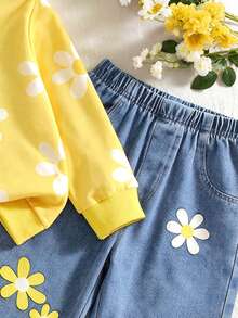 Girls Bright Yellow All-Over Daisy Print Crew Neck Sweatshirt & Denim Daisy Print Wide Leg Pants 2 Pieces Set - Yellow - View 5