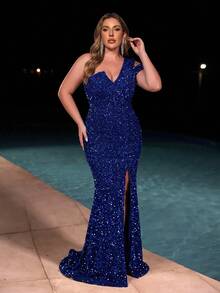 Women's Luxury Plus Size Royal Blue Sequin One-Shoulder Open Back Mermaid Long Evening Gown, Suitable For Evening Parties And Balls - Blue - View 1