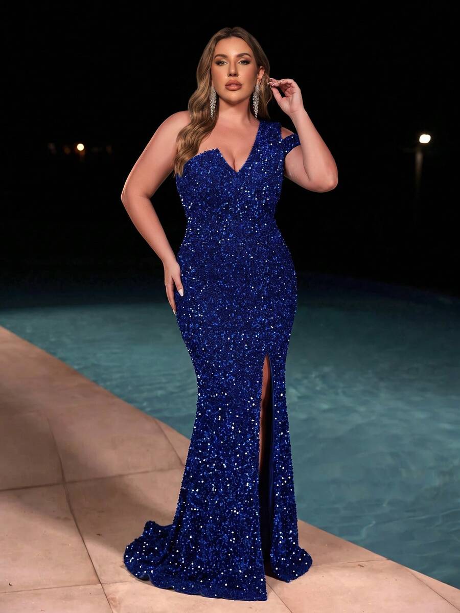 Women's Luxury Plus Size Royal Blue Sequin One-Shoulder Open Back Mermaid Long Evening Gown, Suitable For Evening Parties And Balls - Blue - View 1