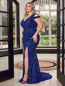 Women's Luxury Plus Size Royal Blue Sequin One-Shoulder Open Back Mermaid Long Evening Gown, Suitable For Evening Parties And Balls - Blue - View 4