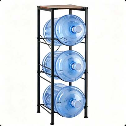 3-Tier Water Bottle Rack, Wood Top Metal Frame, 5 Gallon Water Jug Storage Stand, Black