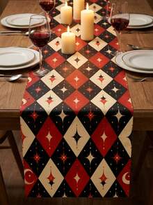 1pc Red & Black Cream Starburst Diamond Lattice Table Runner, Vintage Circus Clown Style Polyester Tablecloth, Geometric Diamond Grid & Sparkling Star Print, Suitable For Magic Theme Birthday Party, Carnival, Game Night And Holiday Celebration Table Decor - Multicolor - View 5