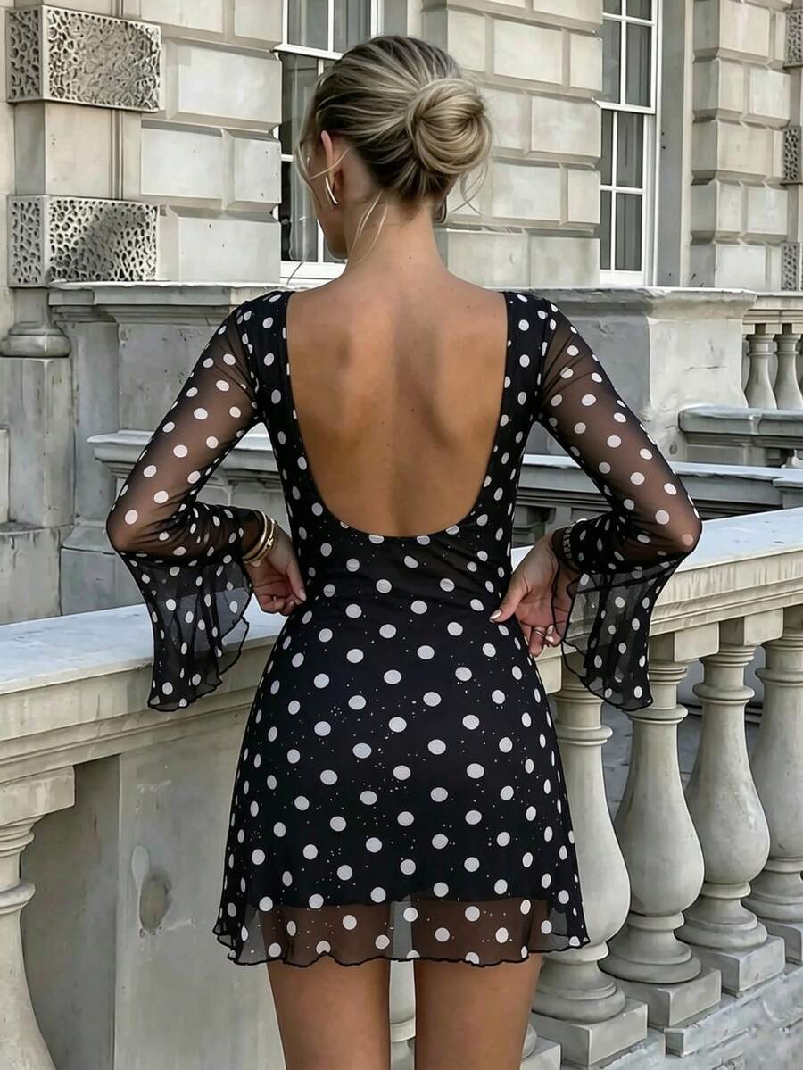 Polka Dot Backless Black Dress, Fall Women Halloween Party Concert Casual Outfit - Black - View 1