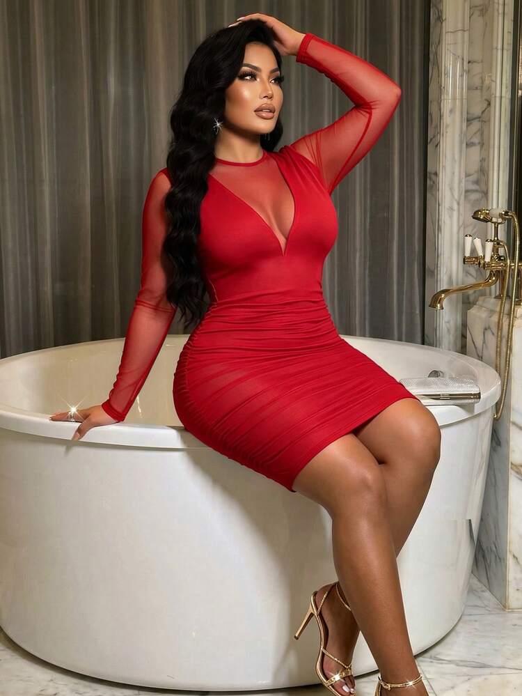BIUBIU Plus Size Red Fitted Knee-Length Dress With Pleated Design, Contrast Lace Trim, Long Mesh Sleeves, High Elastic Knit Fabric, Nightclub Party Dress - Red - View 4