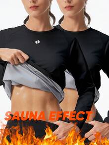 HOTSUIT 2pcs/Set Women's Knitted Long Sleeve Sauna Shirts, Slim Fit Fitness Tops, Suitable For Sports Training And Spring Daily Wear - Black - View 1