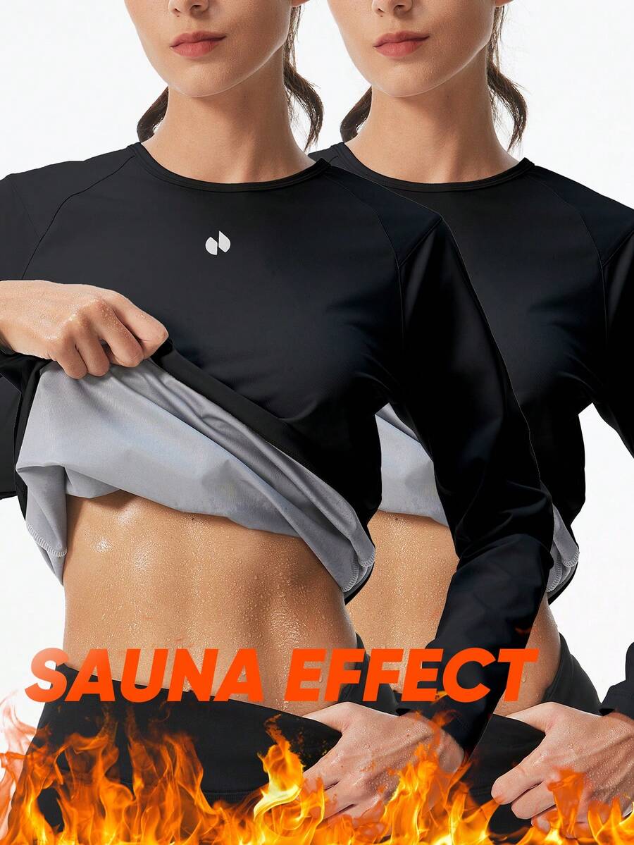 HOTSUIT 2pcs/Set Women's Knitted Long Sleeve Sauna Shirts, Slim Fit Fitness Tops, Suitable For Sports Training And Spring Daily Wear - Black - View 1