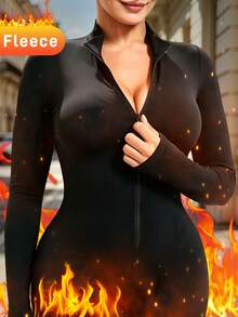 Plus Size Women's Fleece Lined Jumpsuit, Solid Black Zipper Stand Collar Long Sleeve High Elastic Slim Fit Jumpsuit - Black - View 2