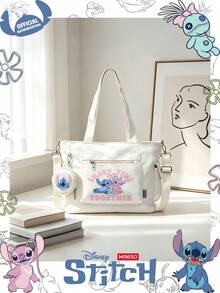 Miniso Disney Stitch & Angel Enjoy Time Together Text Print Tote Bag 2 Pieces Set With Coin Purse,Ideal For Work,Travel,Shopping And Everyday Use - White - View 1